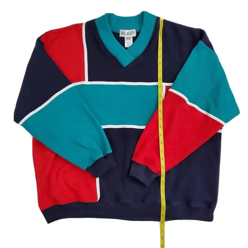 Vintage 90's Blast Sweater Pullover Colorblock‎ (Womens Plus Size 2X) Blue Red
